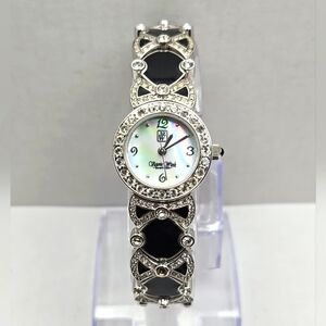 Victoria Wieck LADIES Watch Mother of Pearl Silver Tone & Black Enamel Crystals
